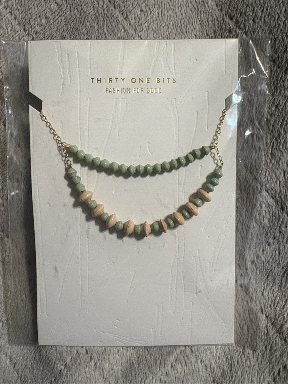 31 Bits Sage Green & Cream Double Strand Beaded Necklace